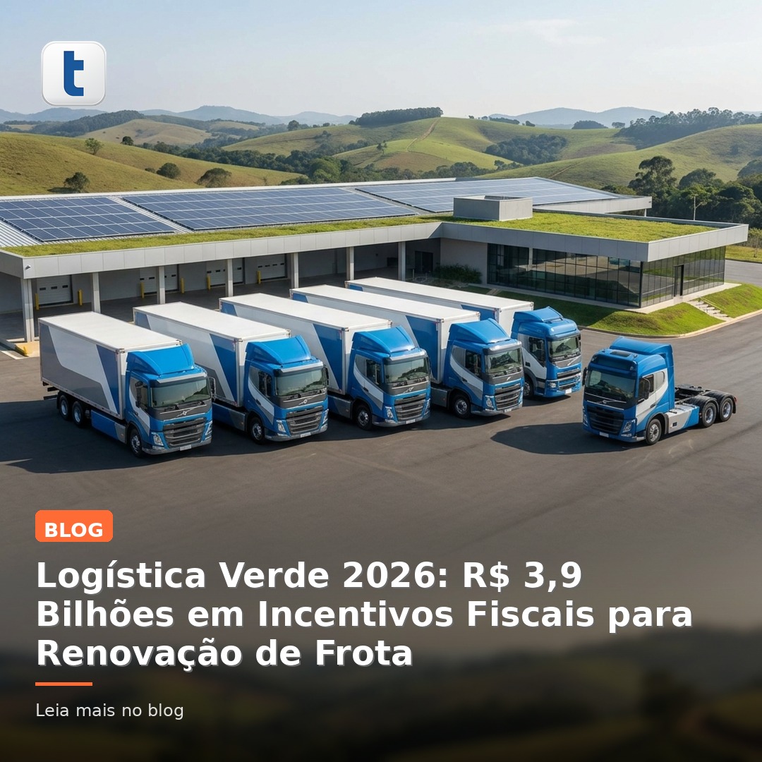 Logística verde 2026 — caminhão elétrico em estação de carregamento com incentivos fiscais de R$ 3,9 bilhões para renovação de frota sustentável