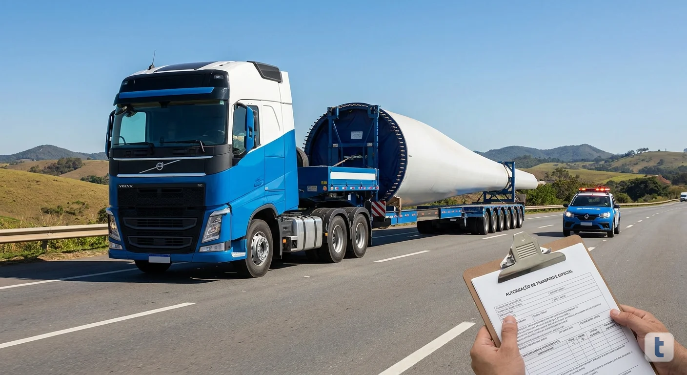 Caminhão de transporte especial com carga indivisível em rodovia federal, batedor e documento de autorização, ilustrando a renovação AET 2026 e a integração com o MDF-e pelo SIAET DNIT