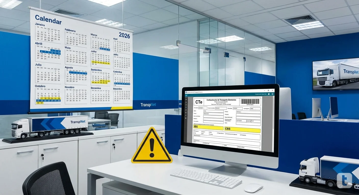 Calendário de 2026 destacado ao lado de tela de computador exibindo CTe com campos de IBS e CBS e sinal de alerta amarelo em escritório de transportadora