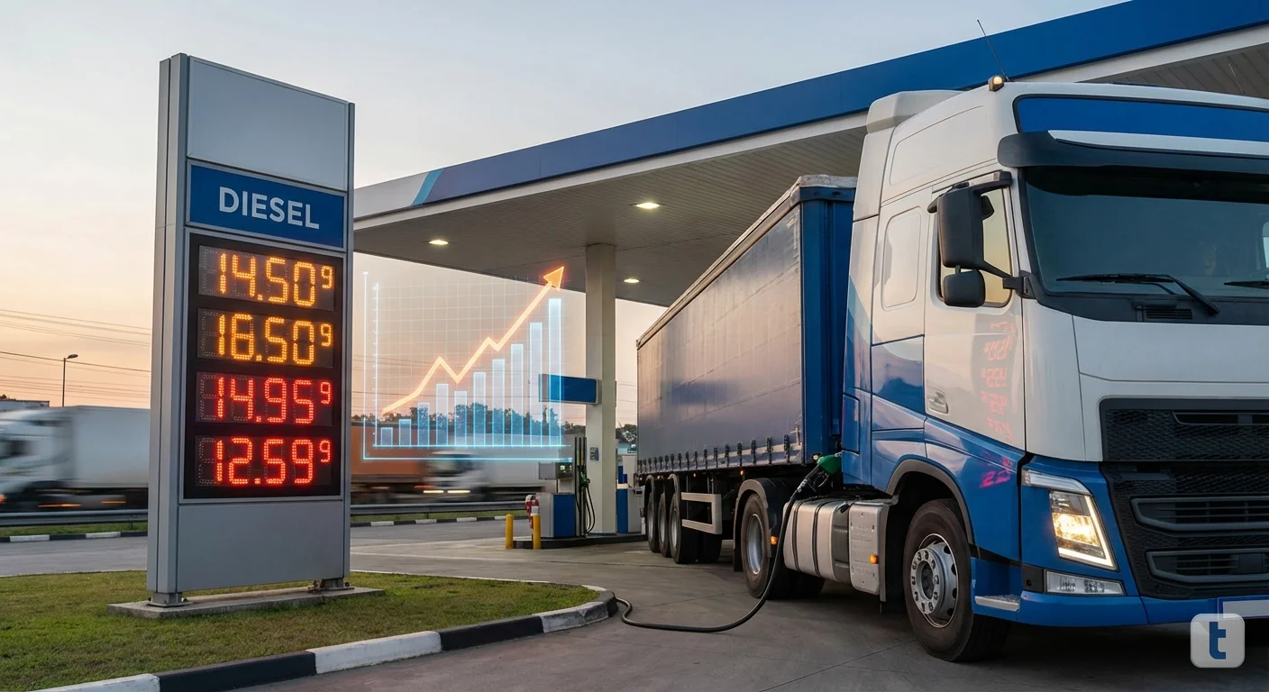 Caminhão abastecendo diesel em posto de combustível com painel de preços mostrando valores em alta