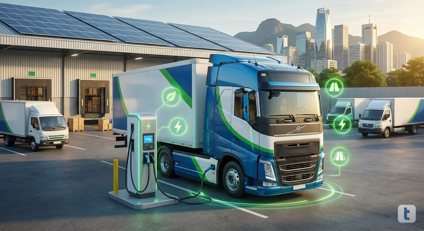Caminhão elétrico sendo carregado em centro de distribuição sustentável