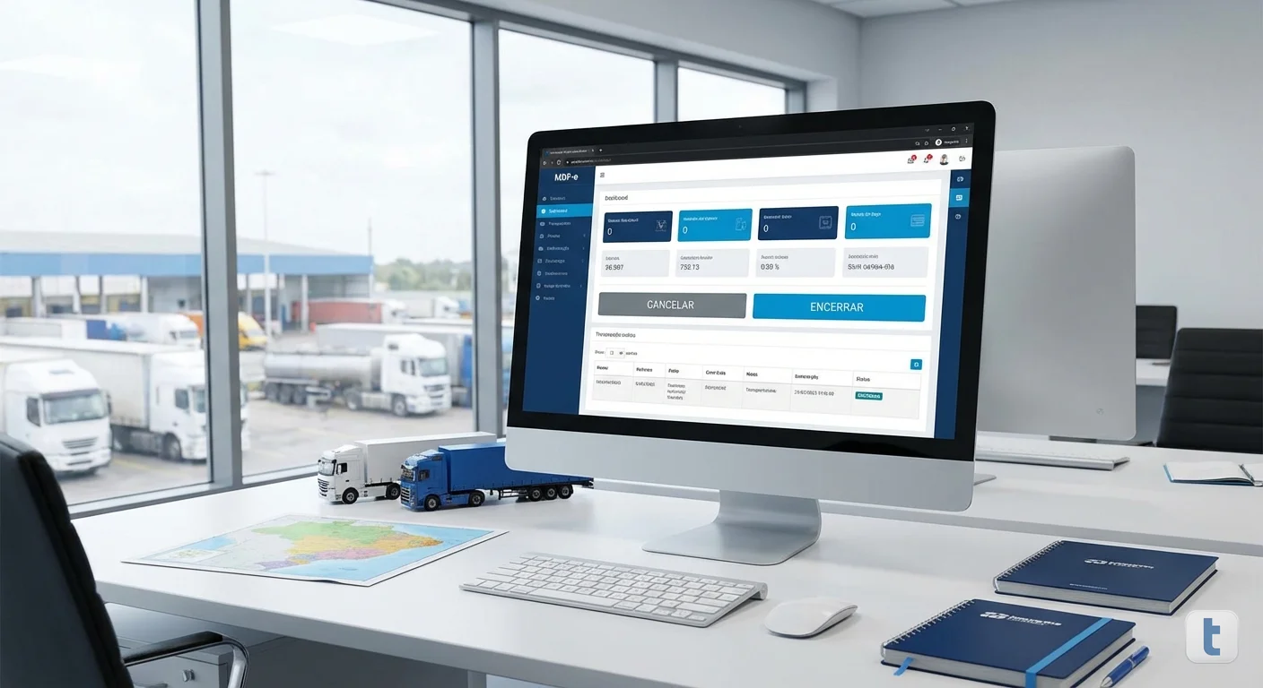 Tela de sistema de gestão de transporte mostrando opções de cancelamento e encerramento de MDF-e, com dashboard moderno em escritório de transportadora