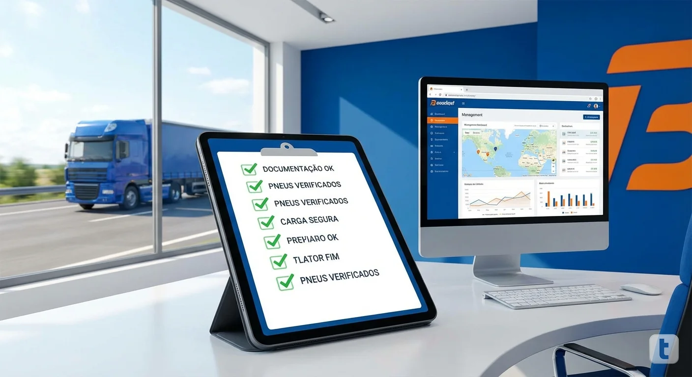 Checklist digital em tablet mostrando itens de verificação para transportadora, com caminhão ao fundo