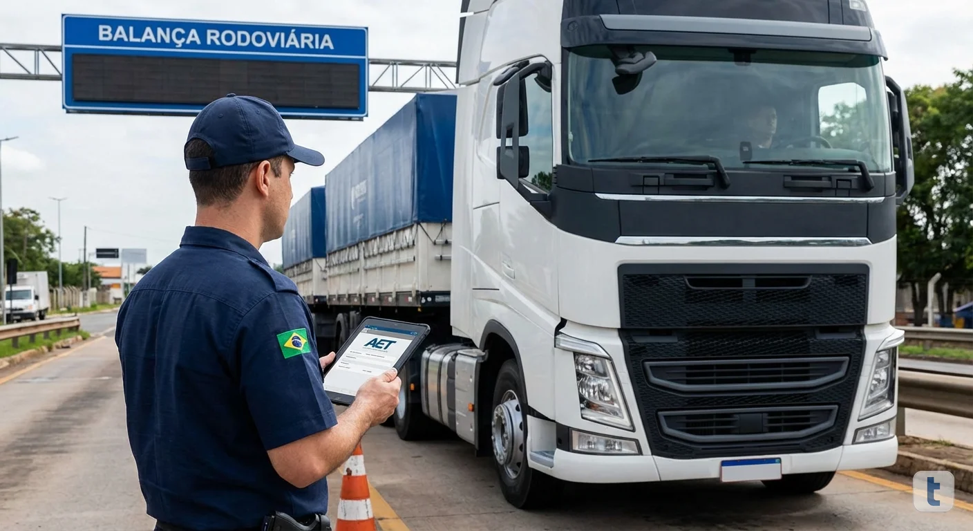 Fiscal rodoviário consultando sistema SIAET em tablet ao lado de caminhão bitrem em posto de fiscalização