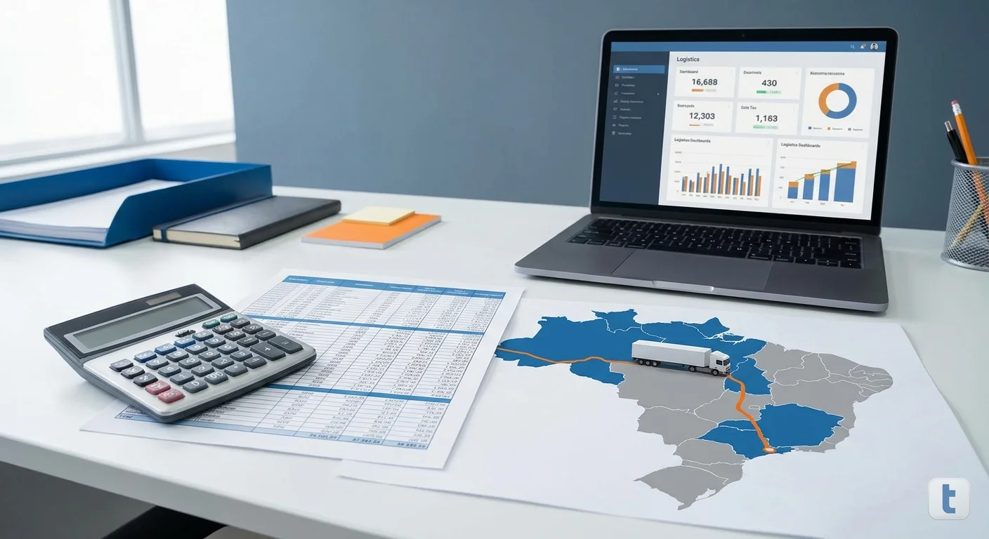 Mesa de escritório de transportadora com calculadora, planilha de custos e mapa de rota, representando a cotação e o cálculo do preço do frete