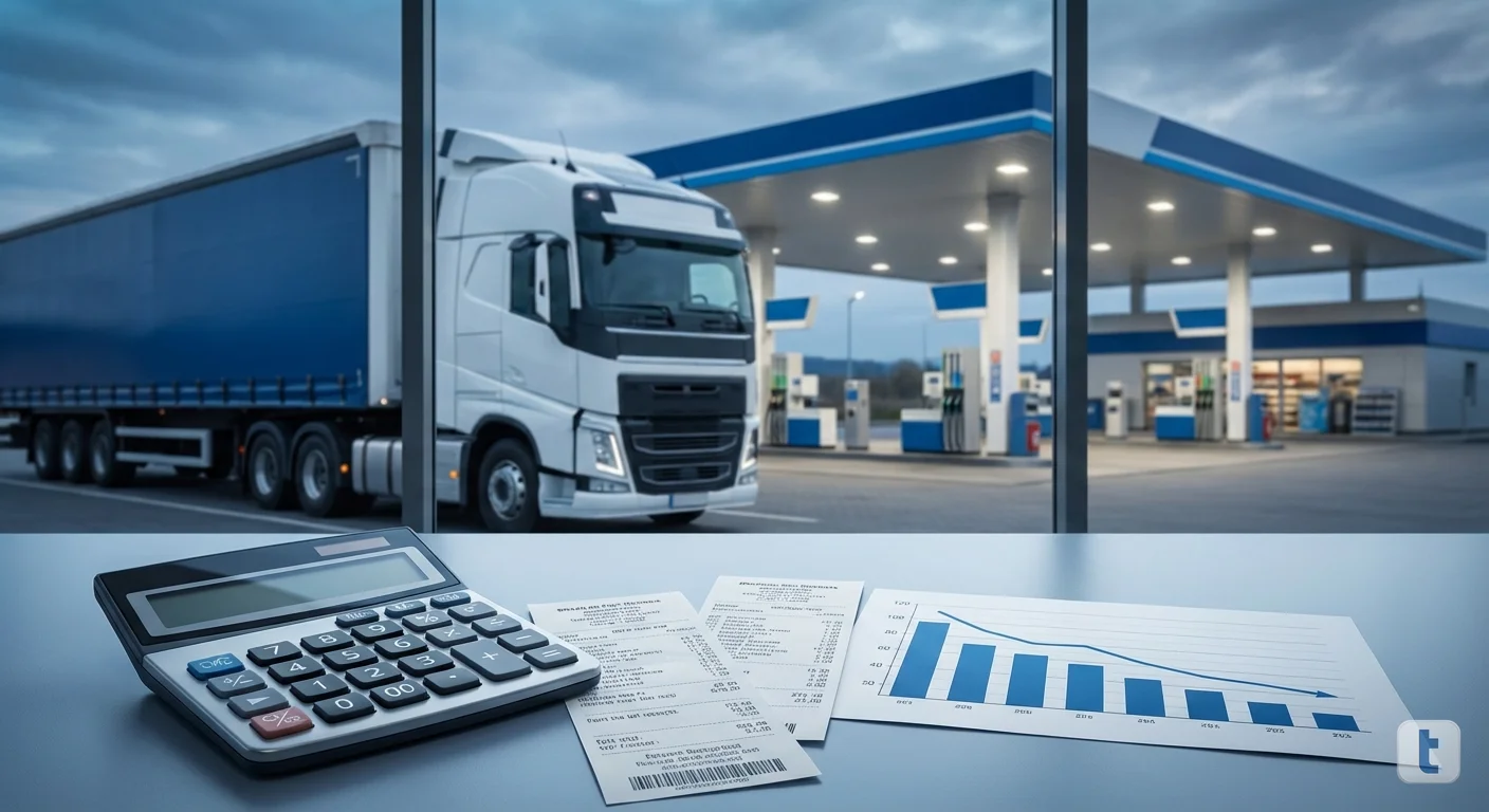 Calculadora ao lado de notas fiscais de combustível e pedágio com caminhão em posto ao fundo, ilustrando o aproveitamento de crédito de IBS pela transportadora