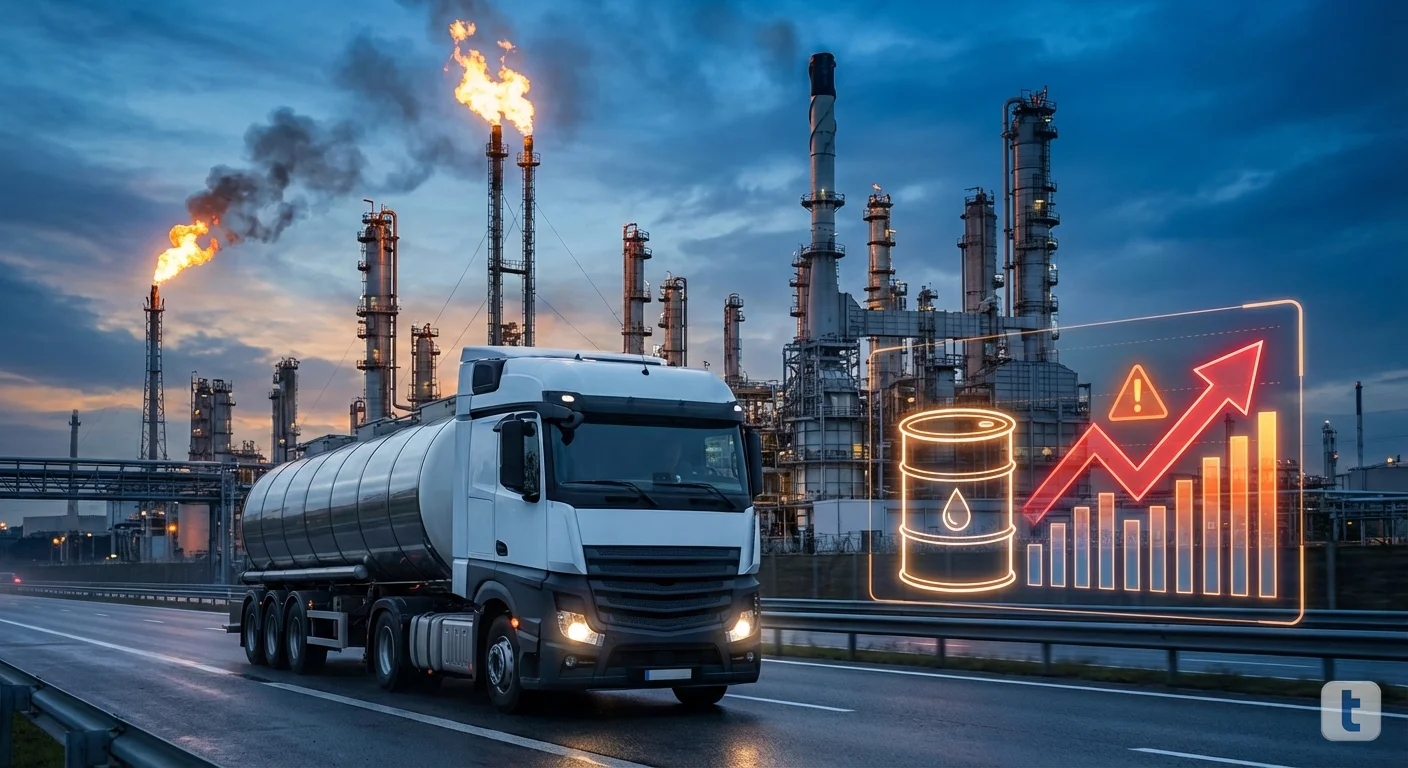 Refinaria de petróleo ao fundo com caminhão-tanque de diesel em primeiro plano, ilustrando a crise de combustíveis provocada pela guerra no Irã em 2026
