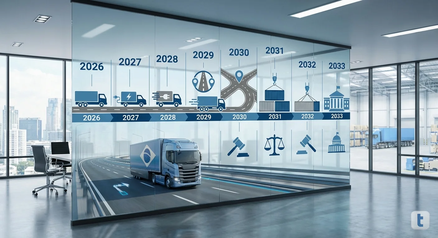 Timeline visual da Reforma Tributária 2026-2033, mostrando fases de transição dos impostos IBS e CBS para transportadoras