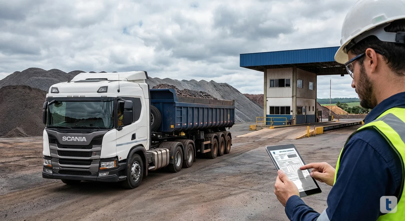 Caminhão basculante carregado de minério de ferro saindo de pátio de mineradora em Minas Gerais, com balança rodoviária ao fundo e operador conferindo nota fiscal eletrônica em tablet