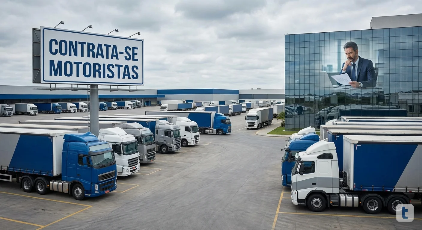 Pátio de transportadora com caminhões parados e sem motoristas, representando a escassez de profissionais no setor de transporte rodoviário em 2026