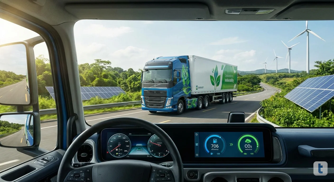 Caminhão em rodovia cercada de vegetação com painel de telemetria mostrando consumo e emissões, representando ESG no transporte de cargas