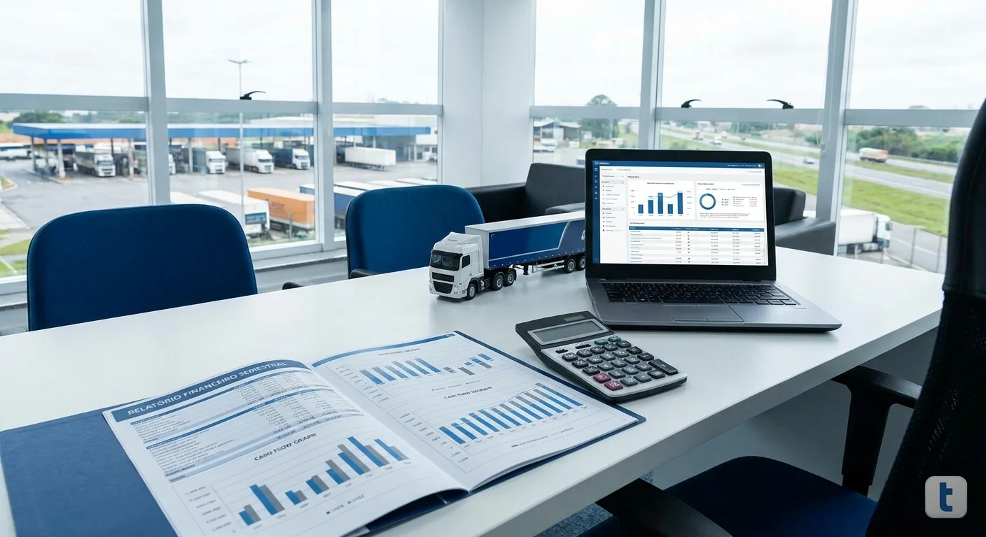 Mesa executiva de transportadora com relatório financeiro de fechamento semestral, calculadora, gráficos de fluxo de caixa e laptop, em escritório de gestão