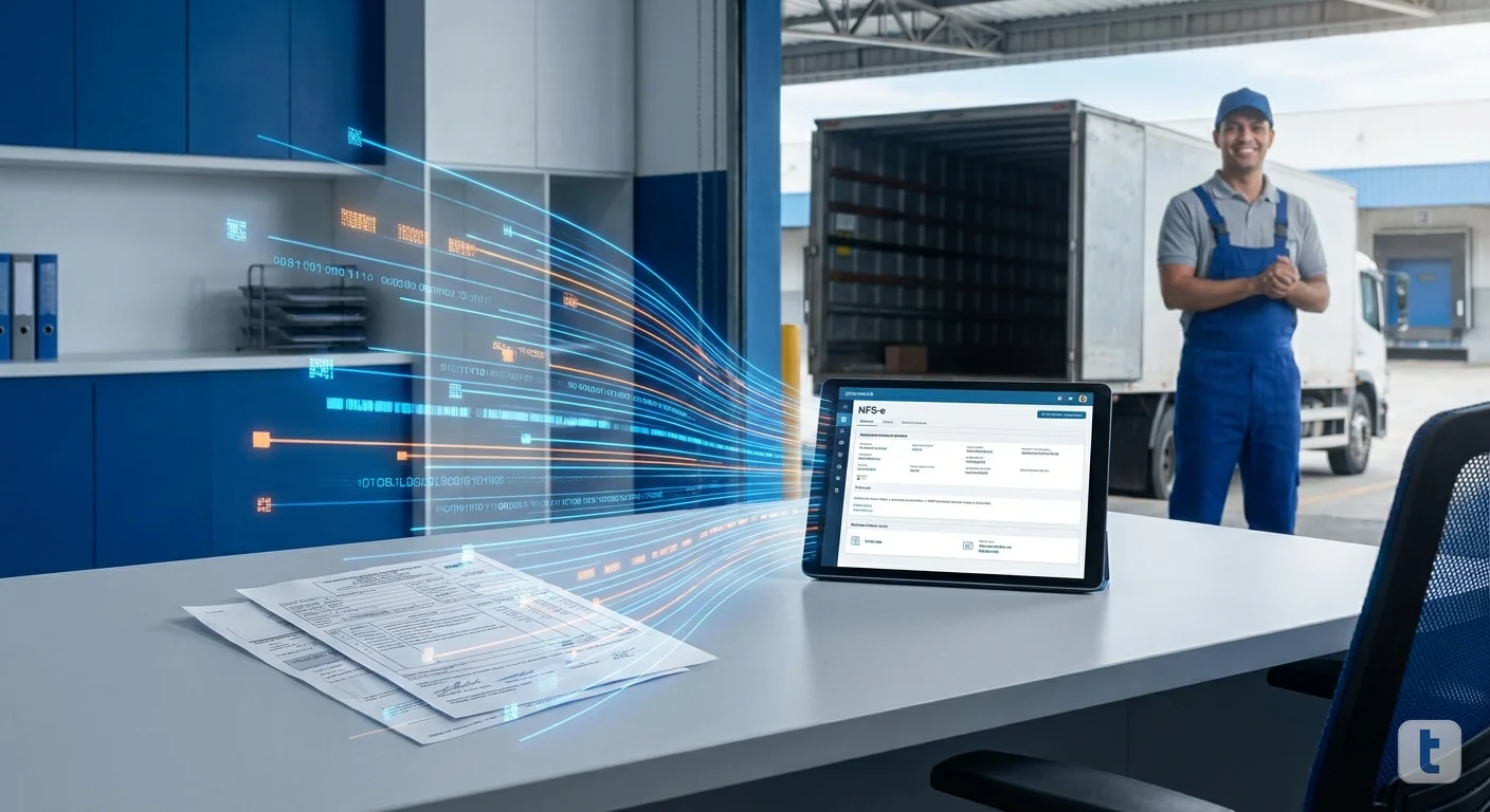 Escritório de transportadora com documentos fiscais sobre mesa, tela de computador mostrando sistema de emissão de nota fiscal eletrônica NFS-e, transição digital de papel para digital