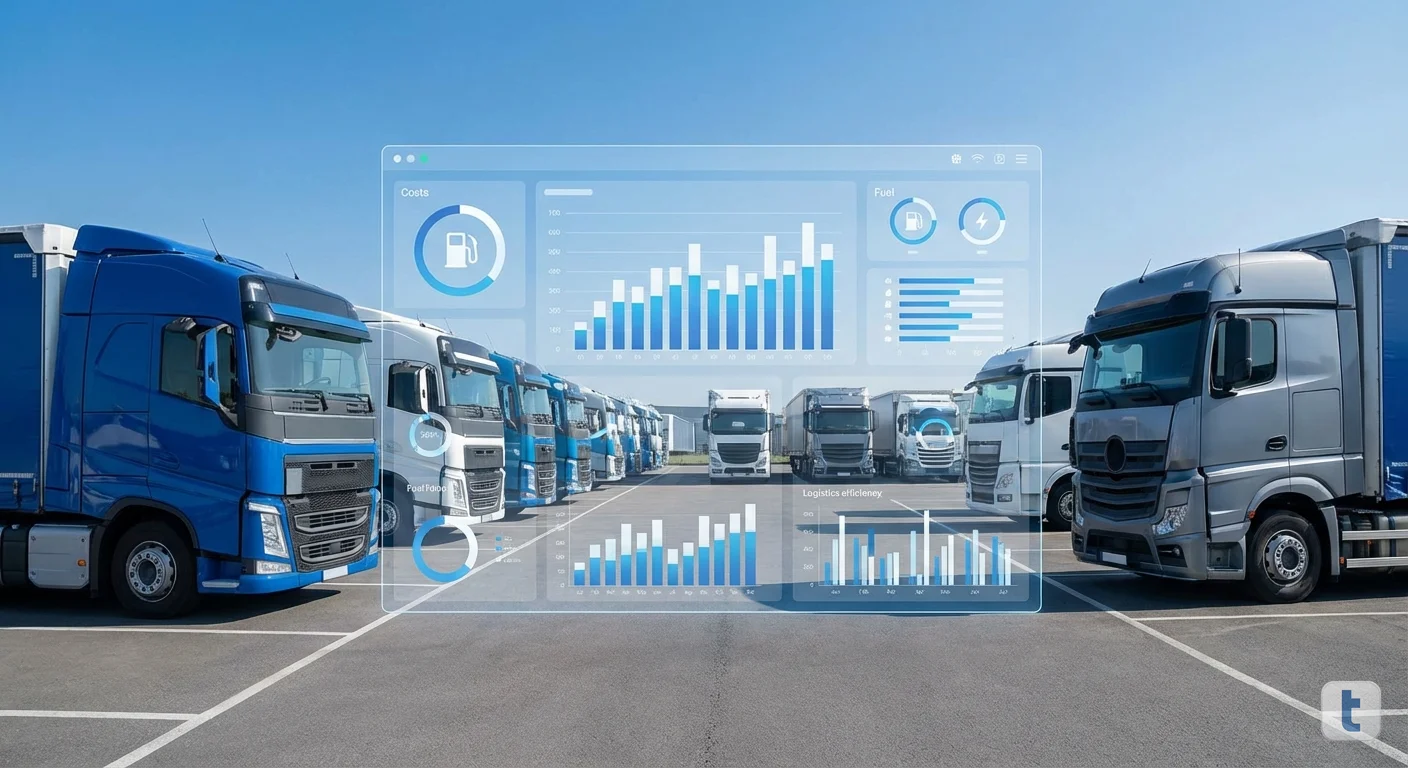 Frota de caminhões estacionados em pátio de transportadora com dashboard digital de custos sobreposto