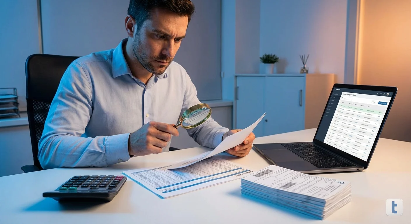 Mesa de escritório com calculadora, planilha de conferência de frete, canhotos de CT-e e lupa sobre documento, com tela de TMS ao fundo, representando auditoria de glosa de frete