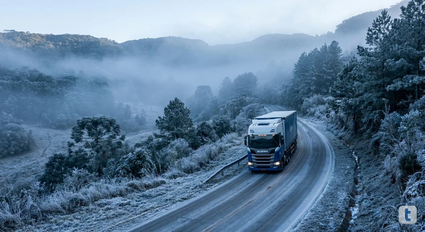Rodovia de serra no Sul do Brasil ao amanhecer com neblina e geada no inverno 2026, caminhão de frete trafegando com cautela em pista fria