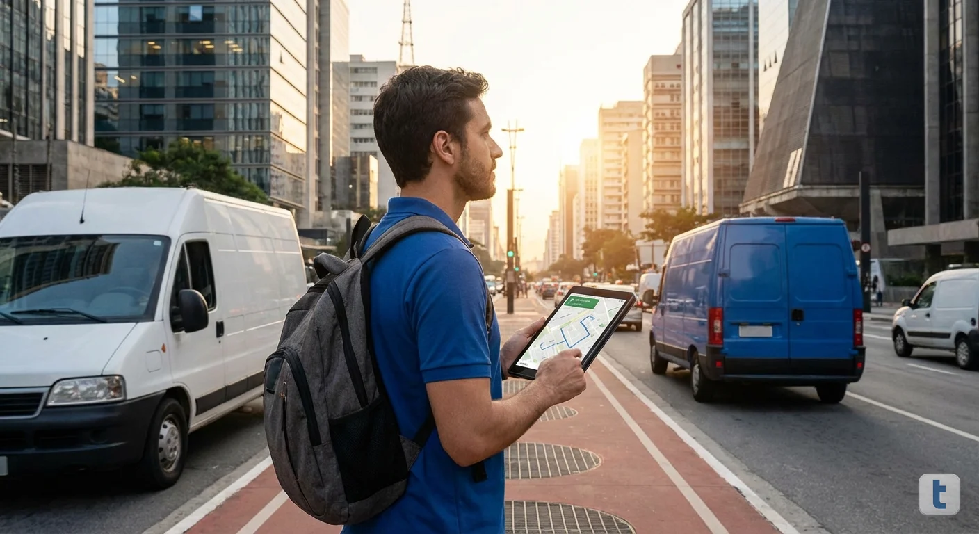 Entregador urbano com mochila e tablet em rua movimentada de cidade brasileira, vans de entrega ao fundo e mapa de rotas na tela