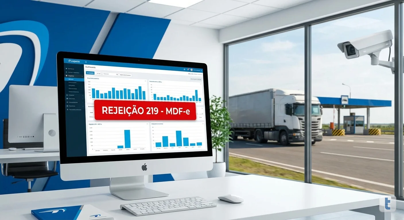 Caminhão passando por posto fiscal com câmera de monitoramento da Sefaz e tela mostrando rejeição 219 do MDF-e
