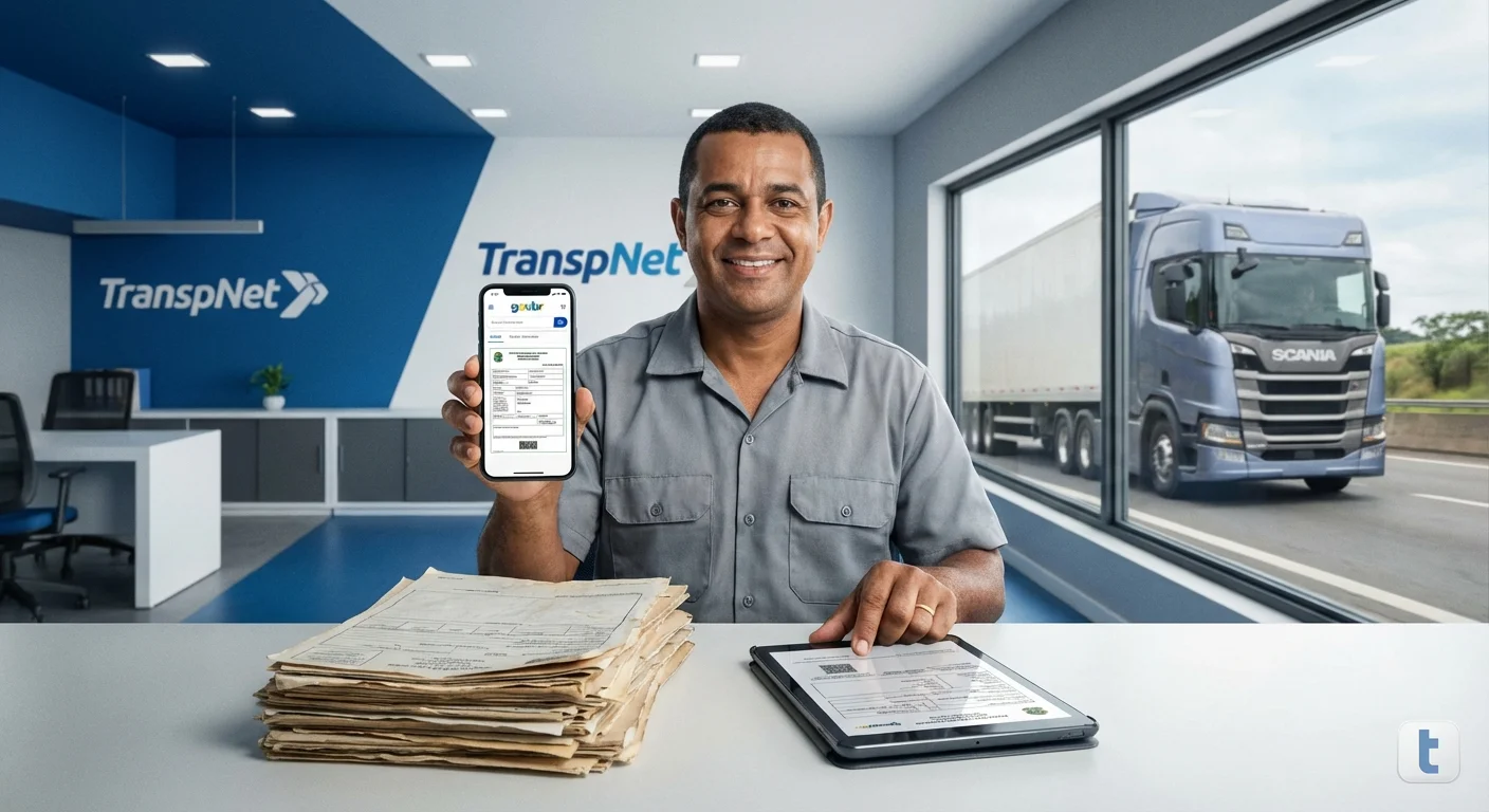 Motorista agregado segurando o celular com o portal gov.br NFSe aberto, com papelada antiga de RPA sendo substituída por documento digital sobre a mesa do escritório