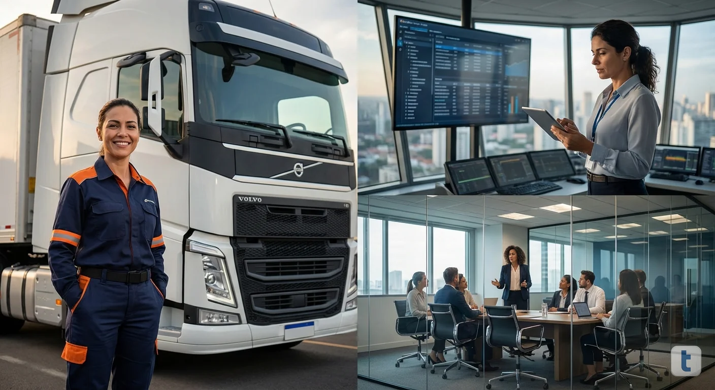 Mulheres profissionais da logística e transporte em ambiente corporativo moderno, representando diversas funções do setor
