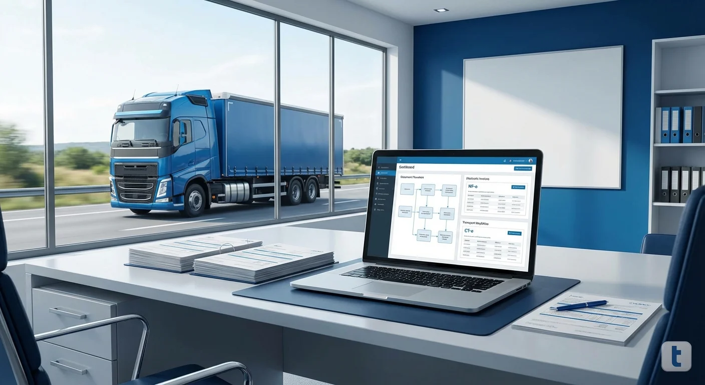 Dashboard com fluxograma de documentos fiscais NFS-e e CT-e para transporte de cargas