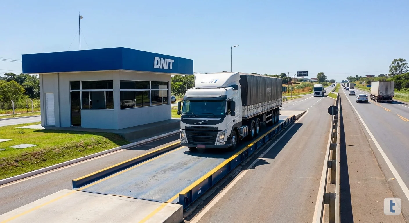 Posto de pesagem do DNIT com balança rodoviária e caminhão sendo fiscalizado