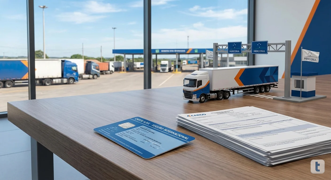 Caminhão de carga cruzando fronteira internacional com documentos de seguro Carta Azul RCTR-VI