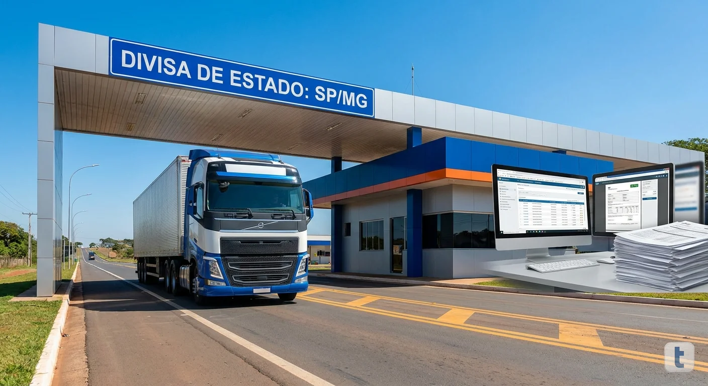 Posto fiscal em divisa de estado com caminhão de carga passando pela rodovia, representando a mudança do papel das barreiras fiscais com a reforma tributária