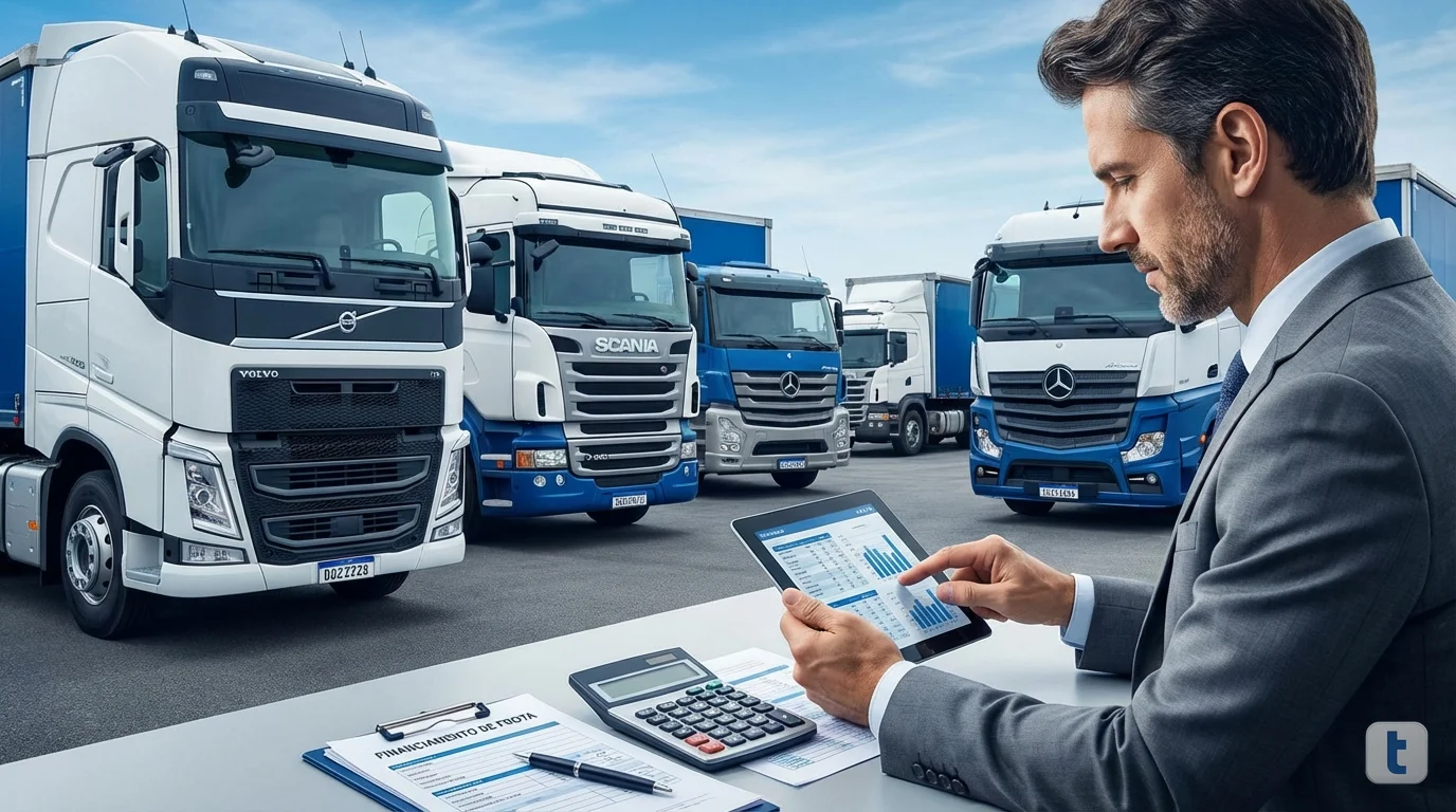 Pátio de transportadora com mistura de caminhões novos e usados enfileirados, executivo analisando planilha em tablet ao lado de calculadora e documento de financiamento sobre mesa, céu azul ao fundo