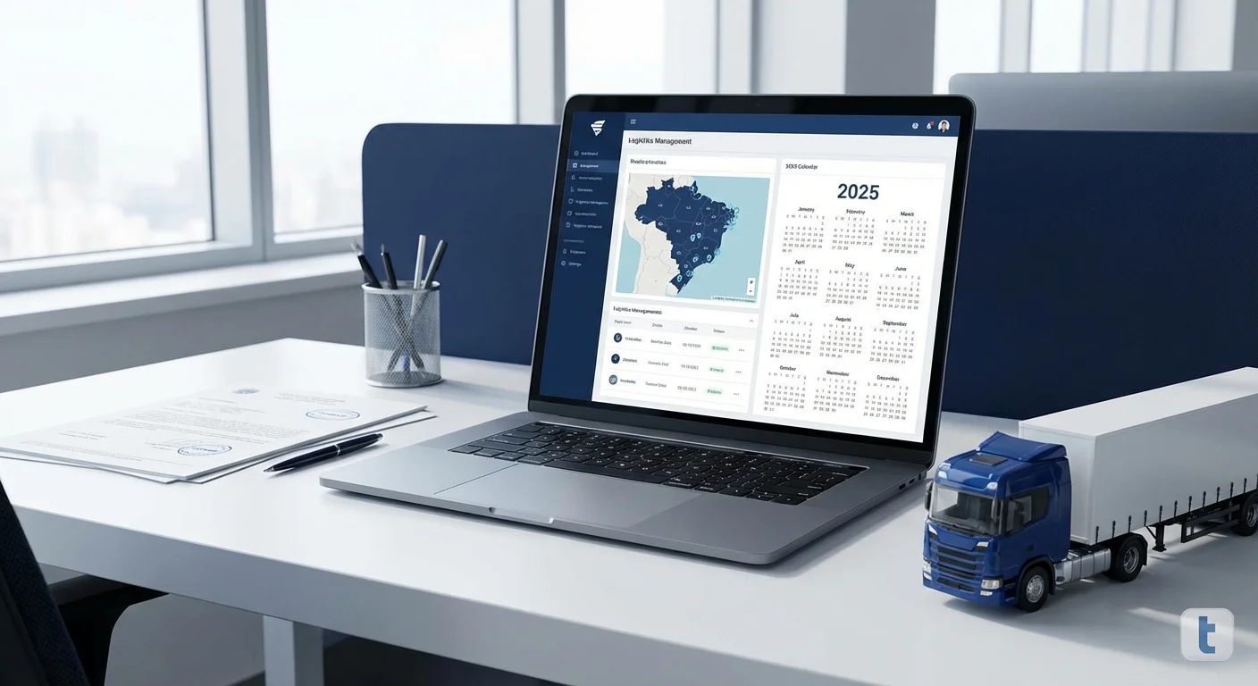 Retrospectiva 2025 do transporte de cargas - documentos regulatórios, caminhões e calendário representando as mudanças do ano