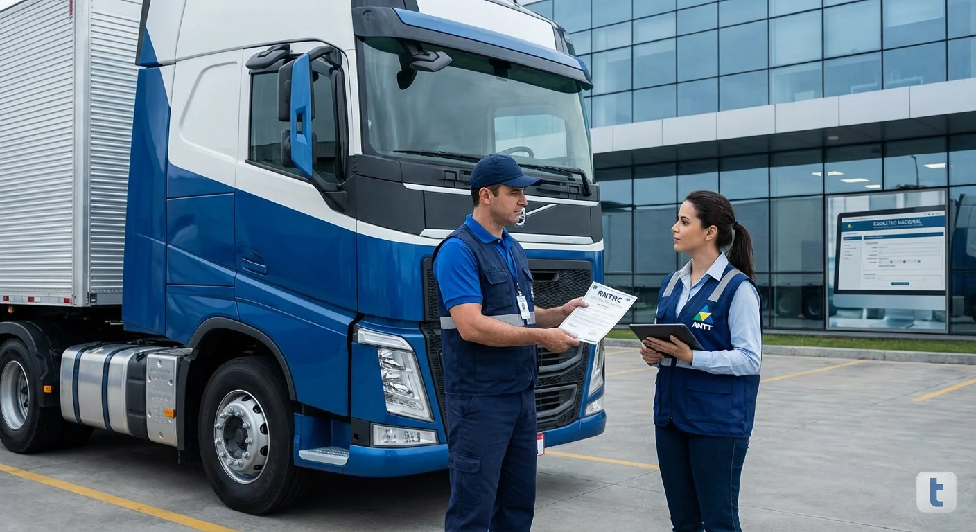 Caminhão de transportadora estacionado em pátio com motorista mostrando documento RNTRC para fiscal da ANTT, escritório administrativo ao fundo com tela exibindo sistema de cadastro nacional