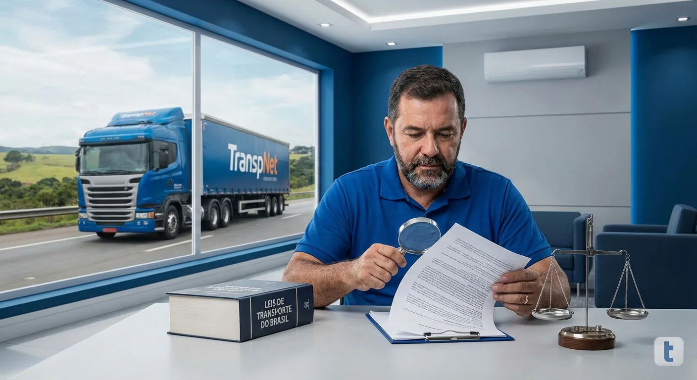 Caminhoneiro autônomo lendo documento legal com lupa, livro de leis aberto ao lado e caminhão visível pela janela do escritório