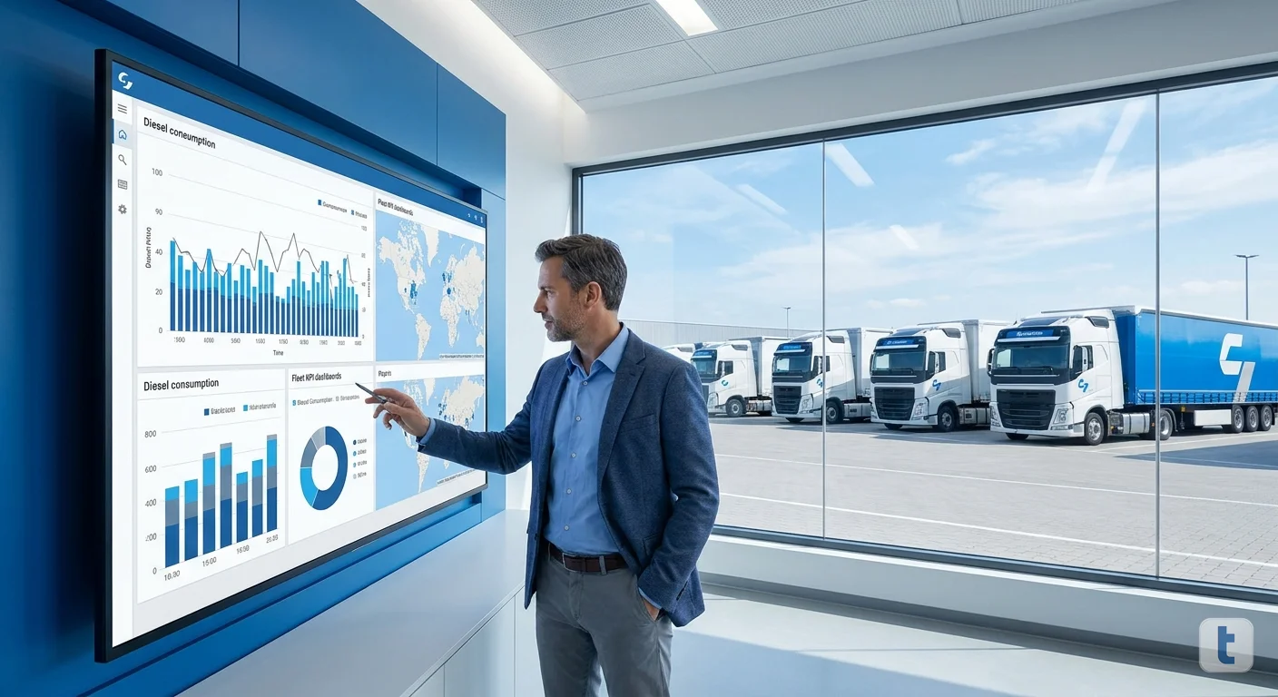 Painel de telemetria em monitor mostrando KPIs de consumo de diesel da frota, gestor analisando indicadores de custo por veículo e motorista, caminhões ao fundo no pátio da transportadora