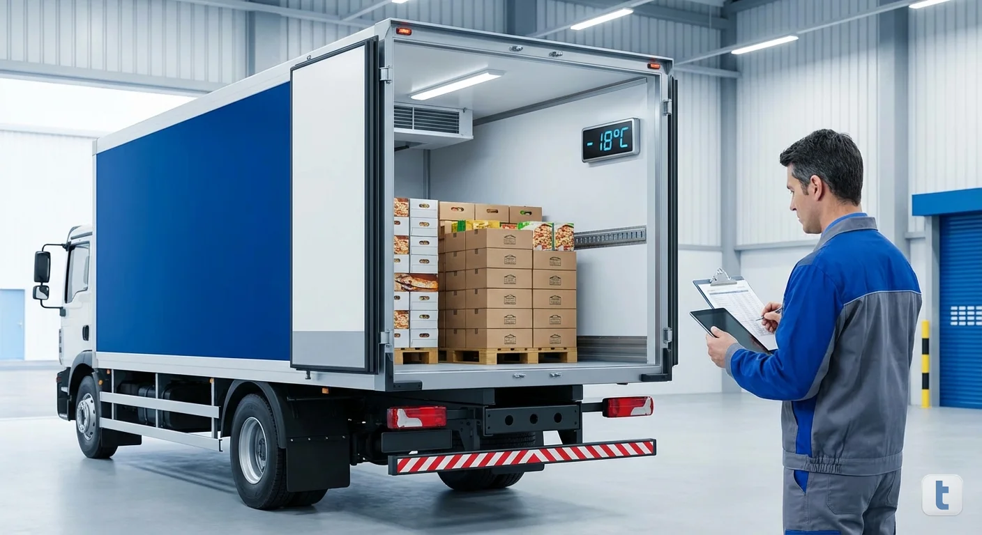 Caminhão frigorífico moderno com interior refrigerado e caixas de alimentos organizadas, fiscal verificando temperatura com prancheta
