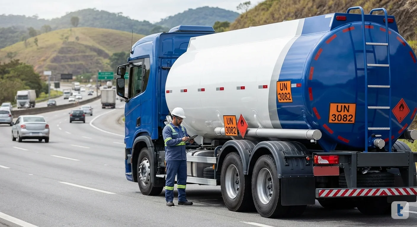 Caminhão tanque transportando produtos químicos com símbolos de risco e número ONU visíveis na lateral, painel de segurança laranja na traseira e motorista uniformizado conferindo documentos de transporte
