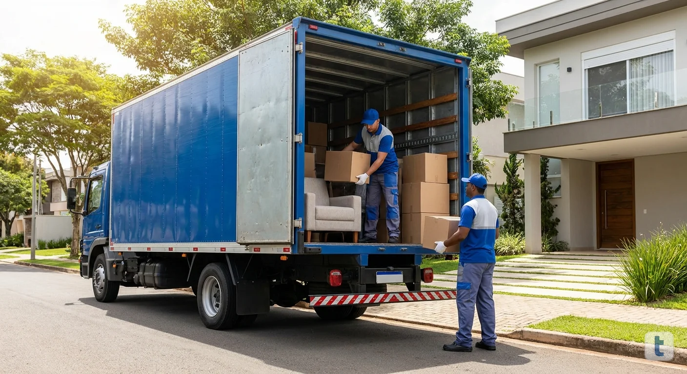 Caminhão baú de mudanças sendo carregado com móveis e caixas, com motorista conferindo documentos de transporte